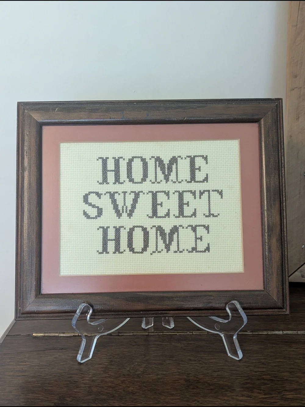 1982 Hand Embroidered Home Sweet Home Framed Cross Stitch Wall Art